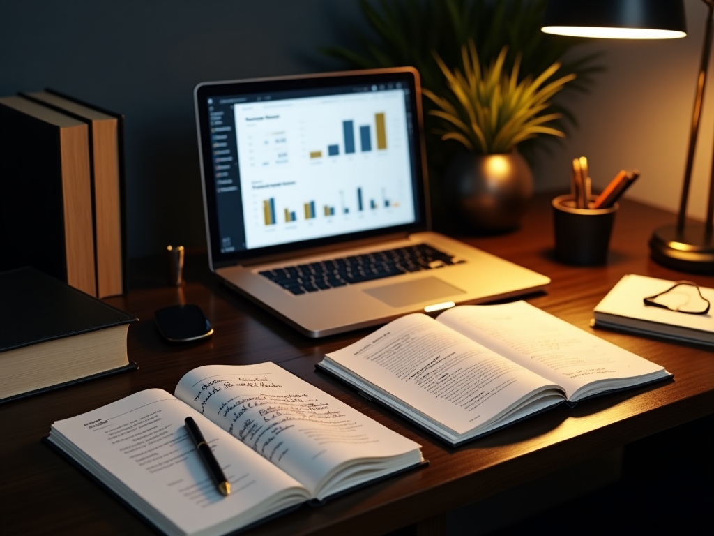 Espacio de trabajo con libros sobre inversiones